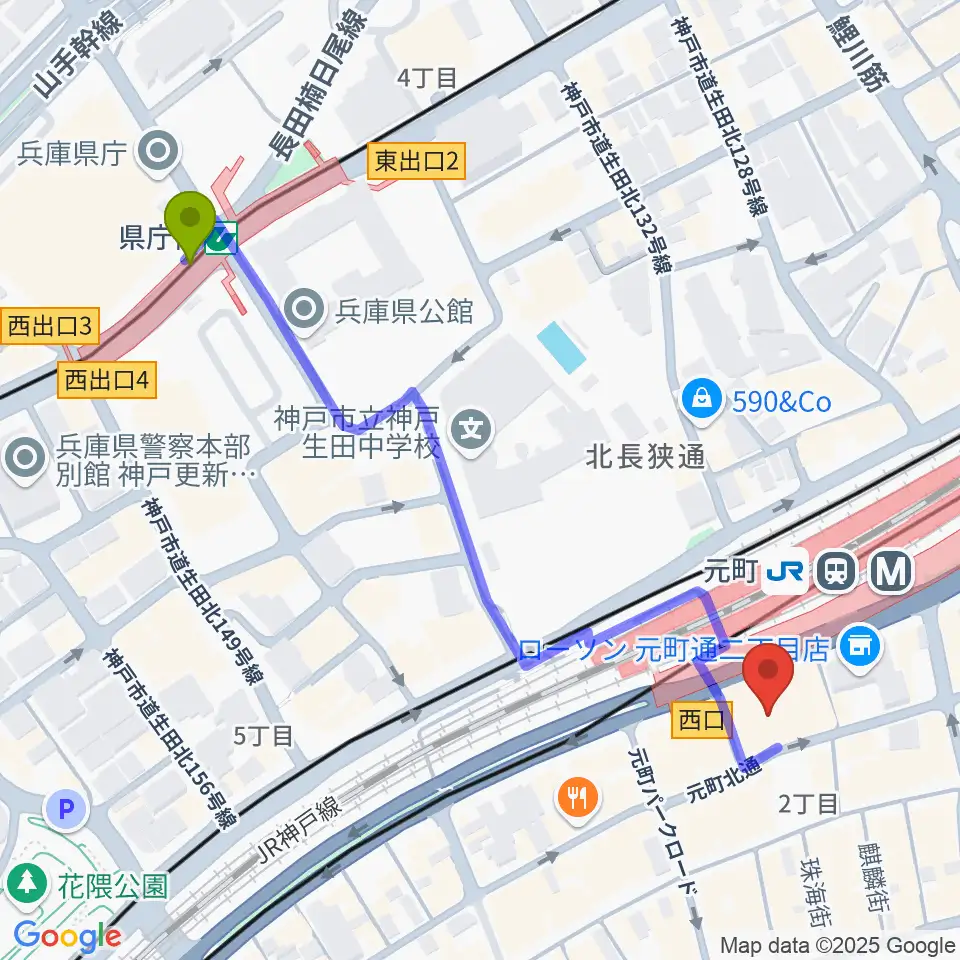 県庁前駅から元町シアタージャジーへのルートマップ地図