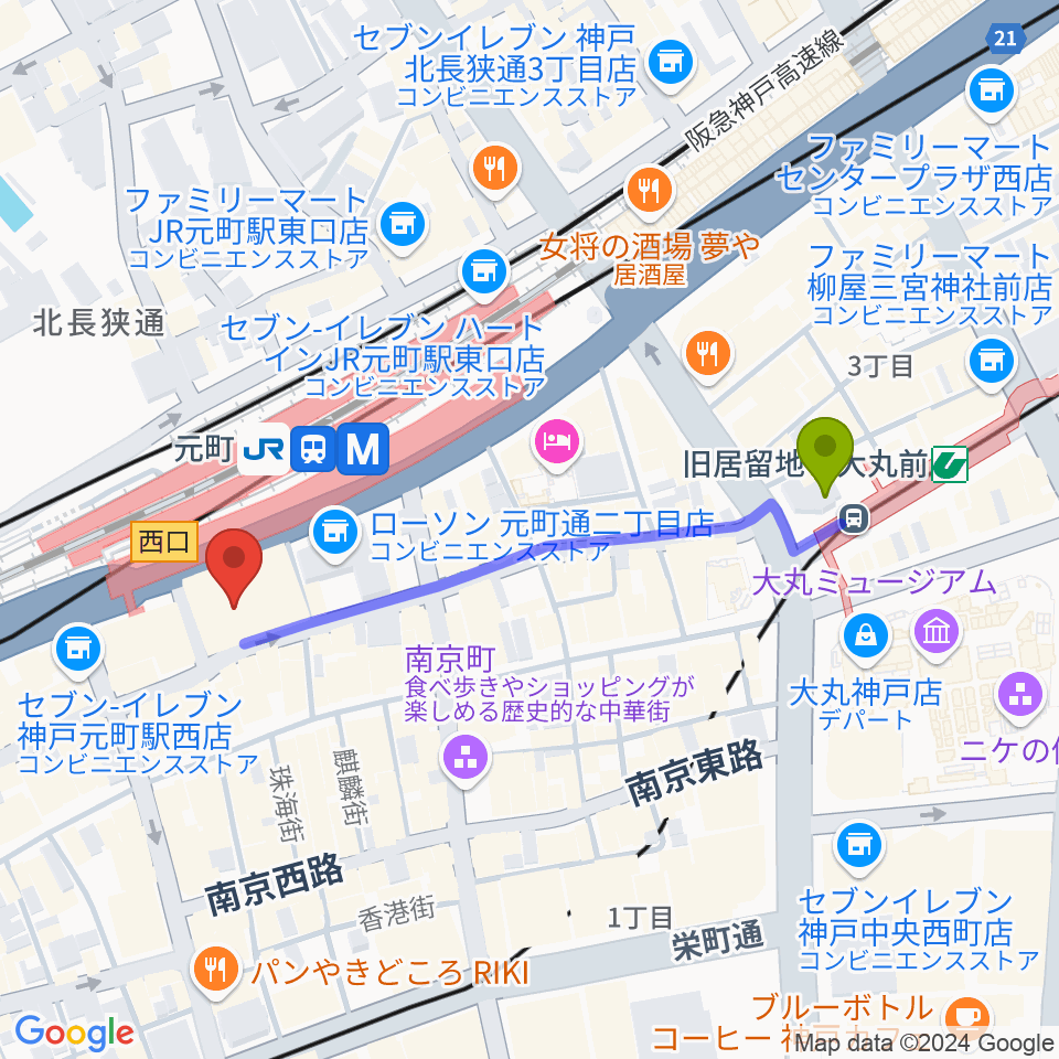 旧居留地・大丸前駅から元町シアタージャジーへのルートマップ地図