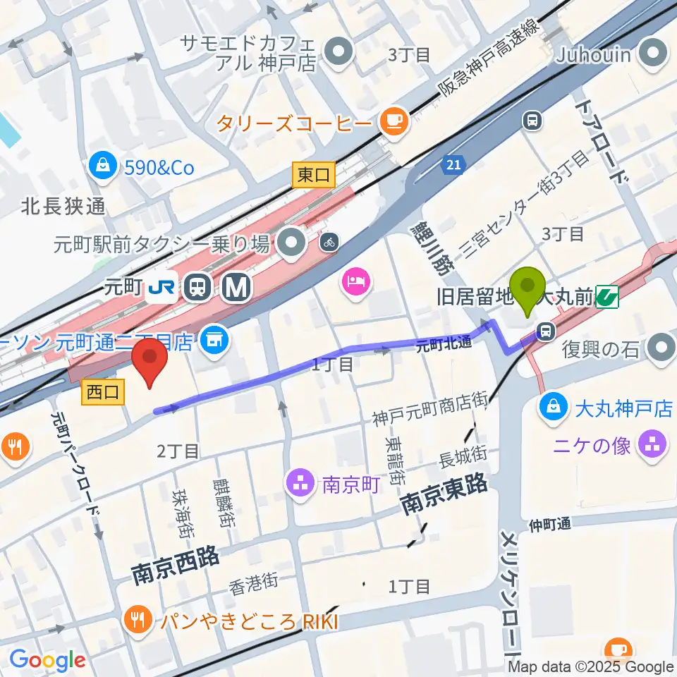 旧居留地・大丸前駅から元町シアタージャジーへのルートマップ地図