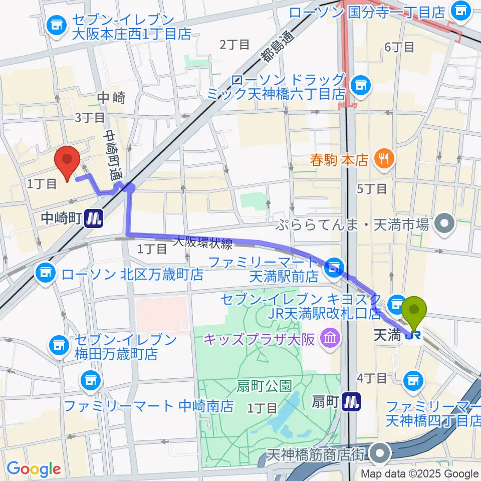 天満駅から中崎町ホールへのルートマップ地図