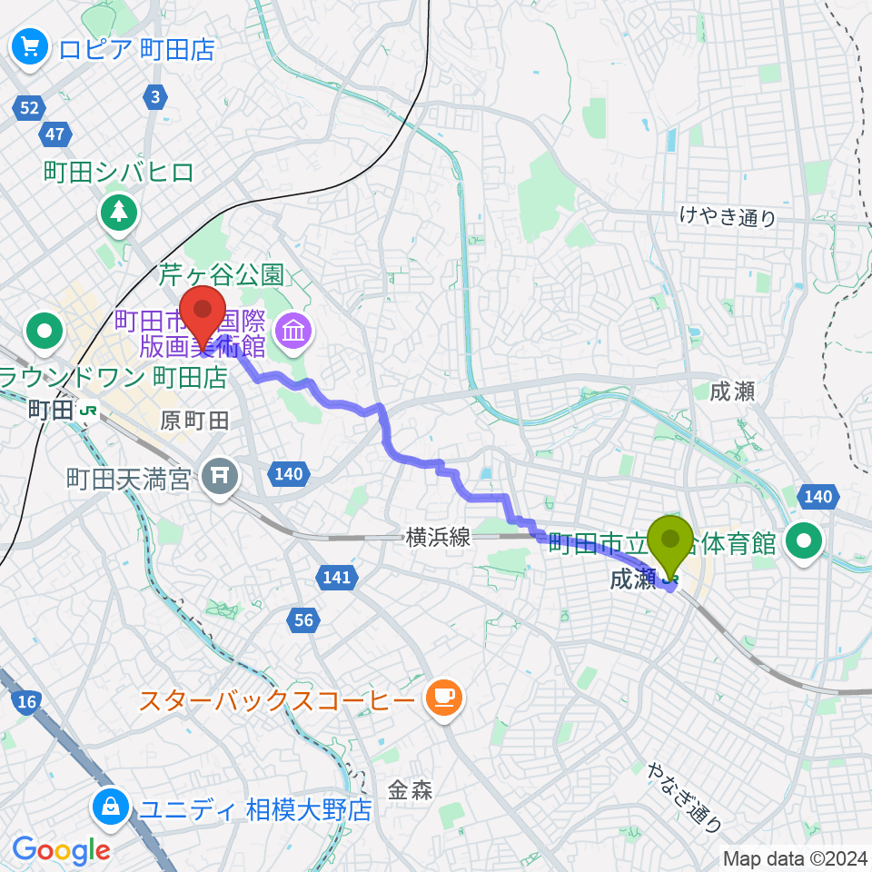 成瀬駅から町田ナッティーズへのルートマップ地図