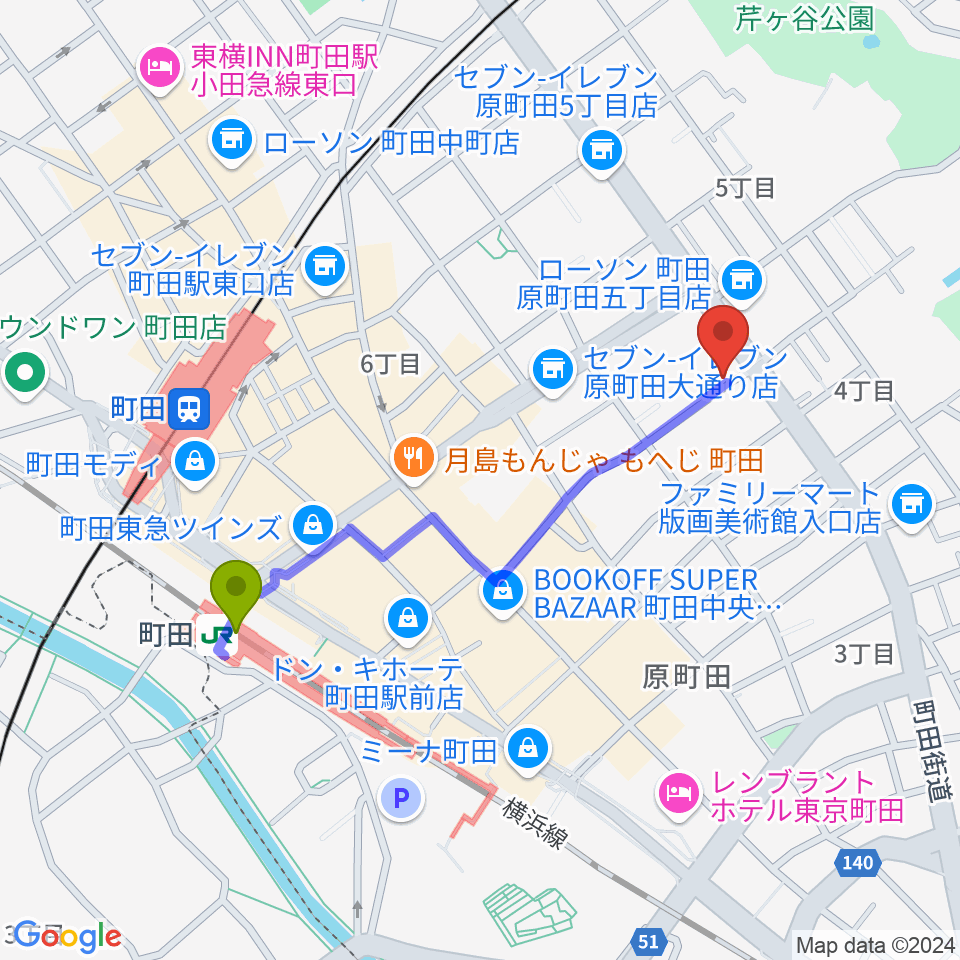 町田ナッティーズの最寄駅町田駅からの徒歩ルート（約9分）地図