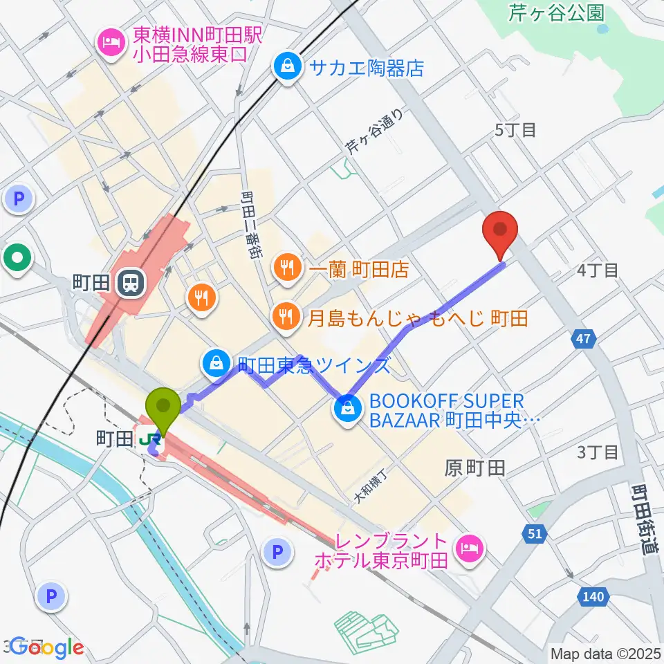 町田ナッティーズの最寄駅町田駅からの徒歩ルート（約9分）地図