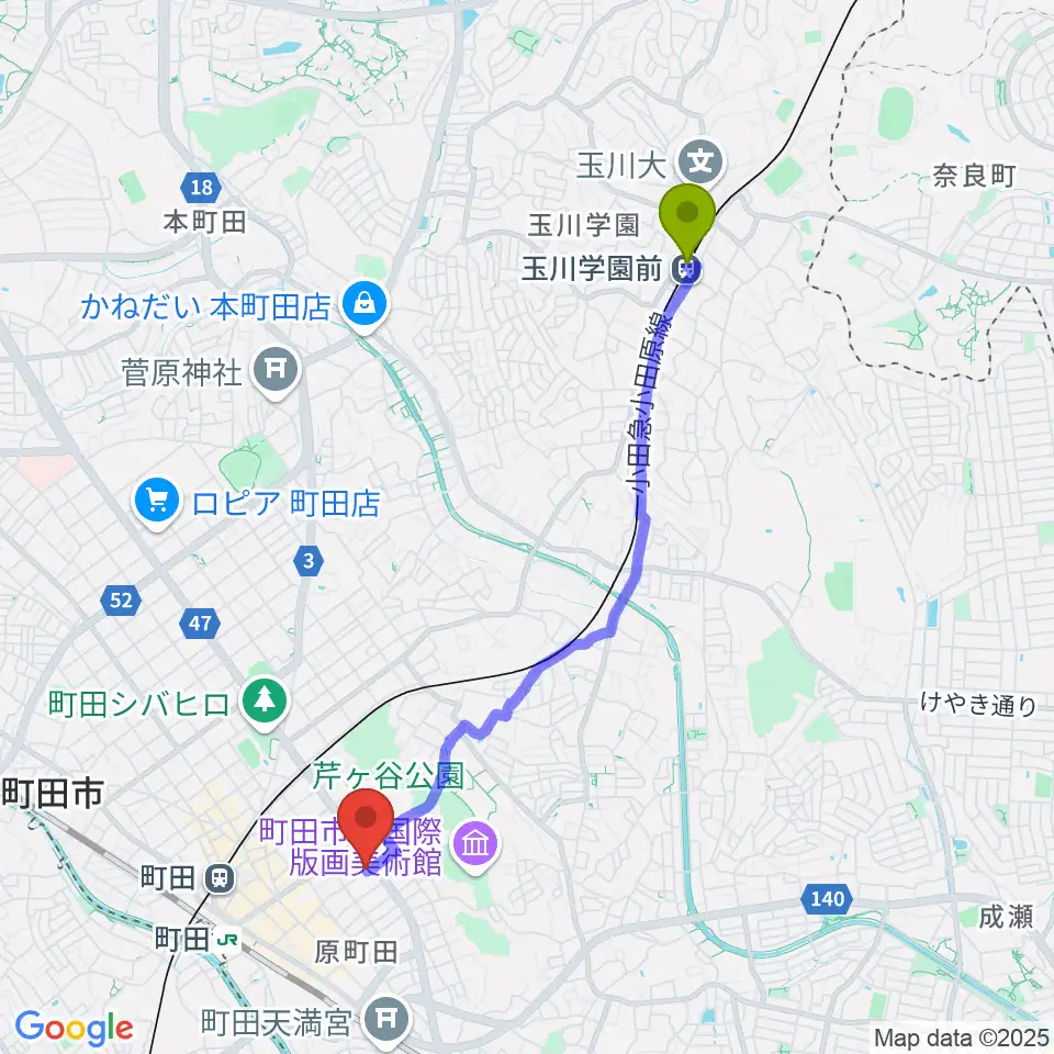 玉川学園前駅から町田ナッティーズへのルートマップ地図