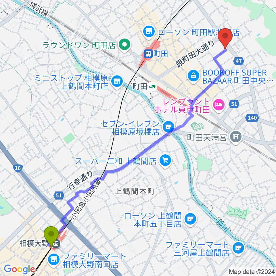 相模大野駅から町田ナッティーズへのルートマップ地図