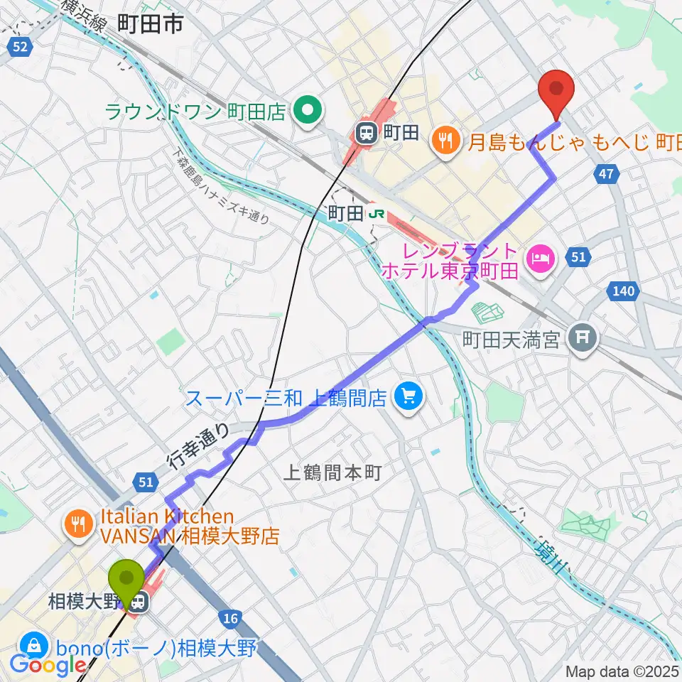 相模大野駅から町田ナッティーズへのルートマップ地図