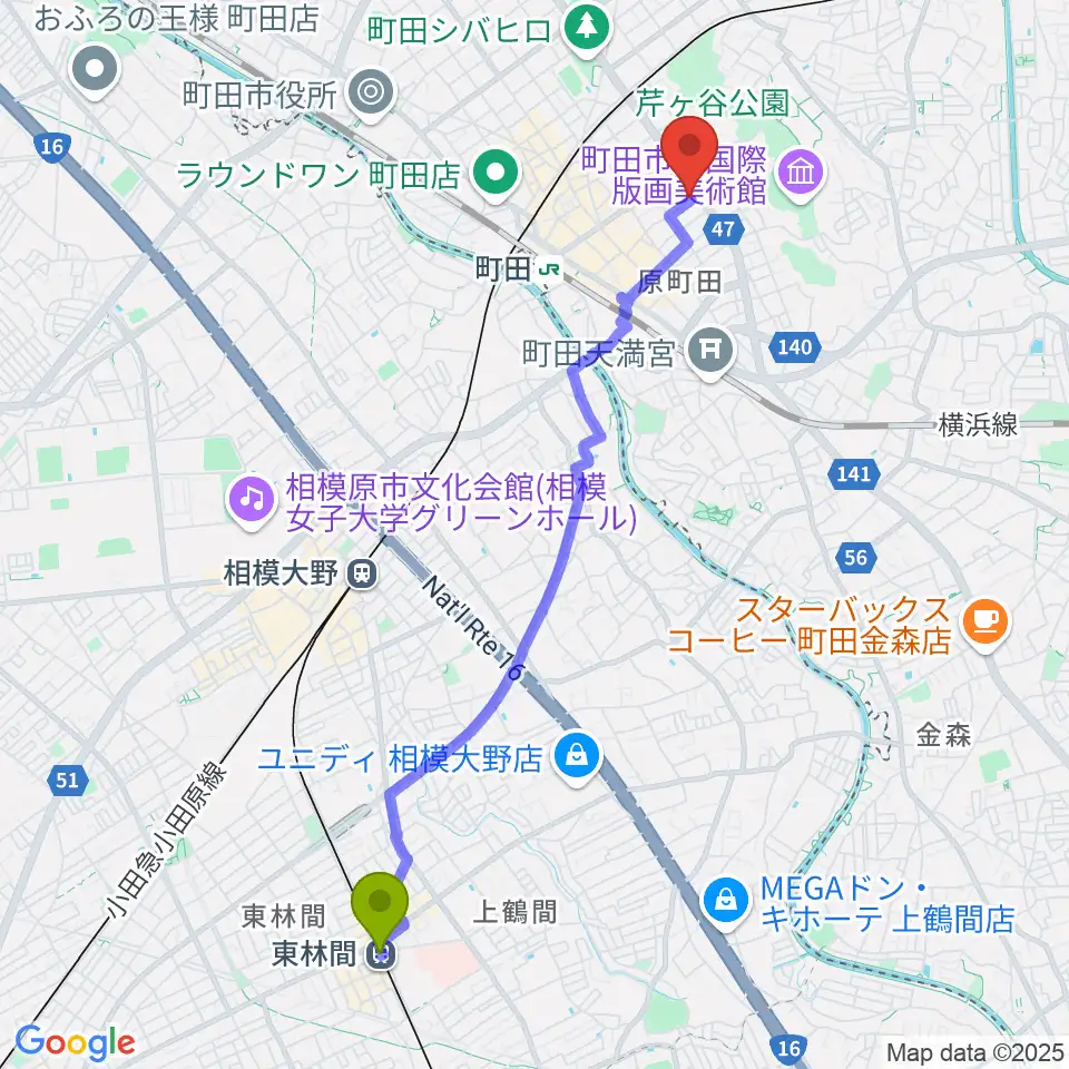 東林間駅から町田ナッティーズへのルートマップ地図