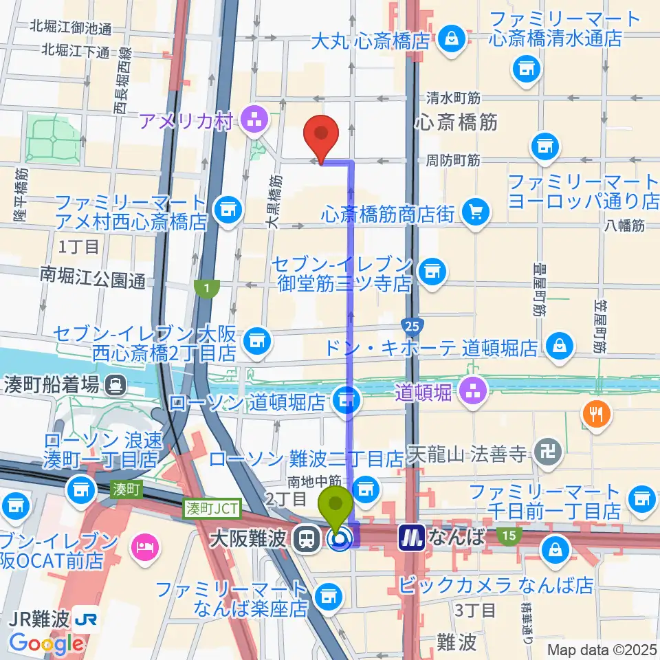 大阪難波駅から心斎橋パンゲアへのルートマップ地図