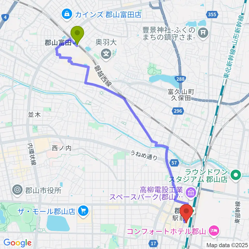 郡山富田駅から島村楽器 郡山アティ店へのルートマップ地図
