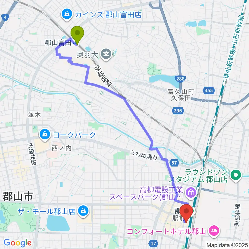 郡山富田駅から島村楽器 郡山アティ店へのルートマップ地図
