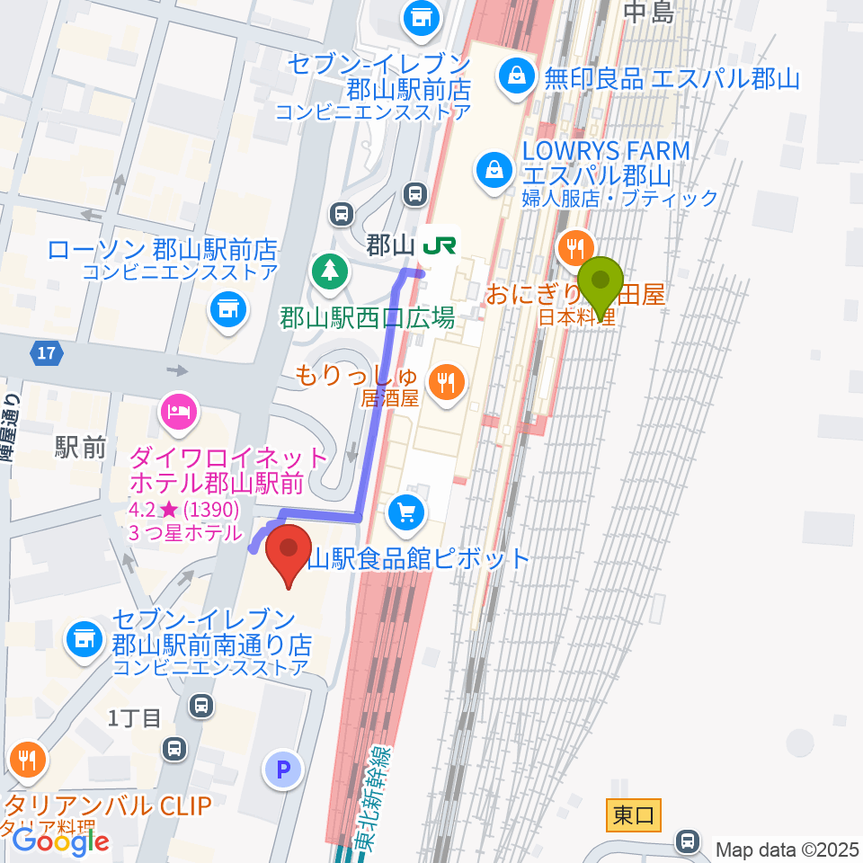 島村楽器 郡山アティ店の最寄駅郡山駅からの徒歩ルート（約4分）地図