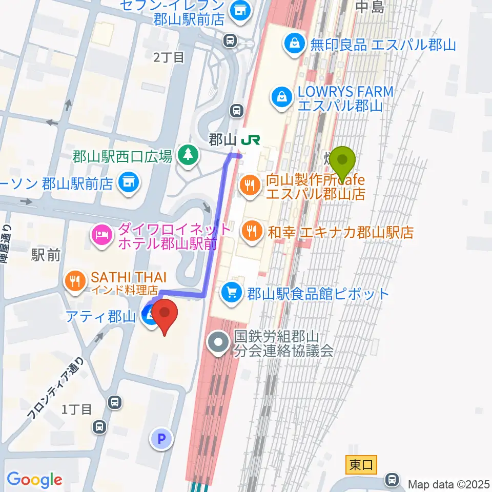 島村楽器 郡山アティ店の最寄駅郡山駅からの徒歩ルート（約4分）地図