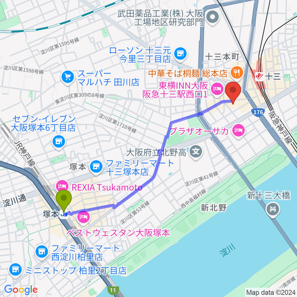 塚本駅からシアターセブンへのルートマップ地図