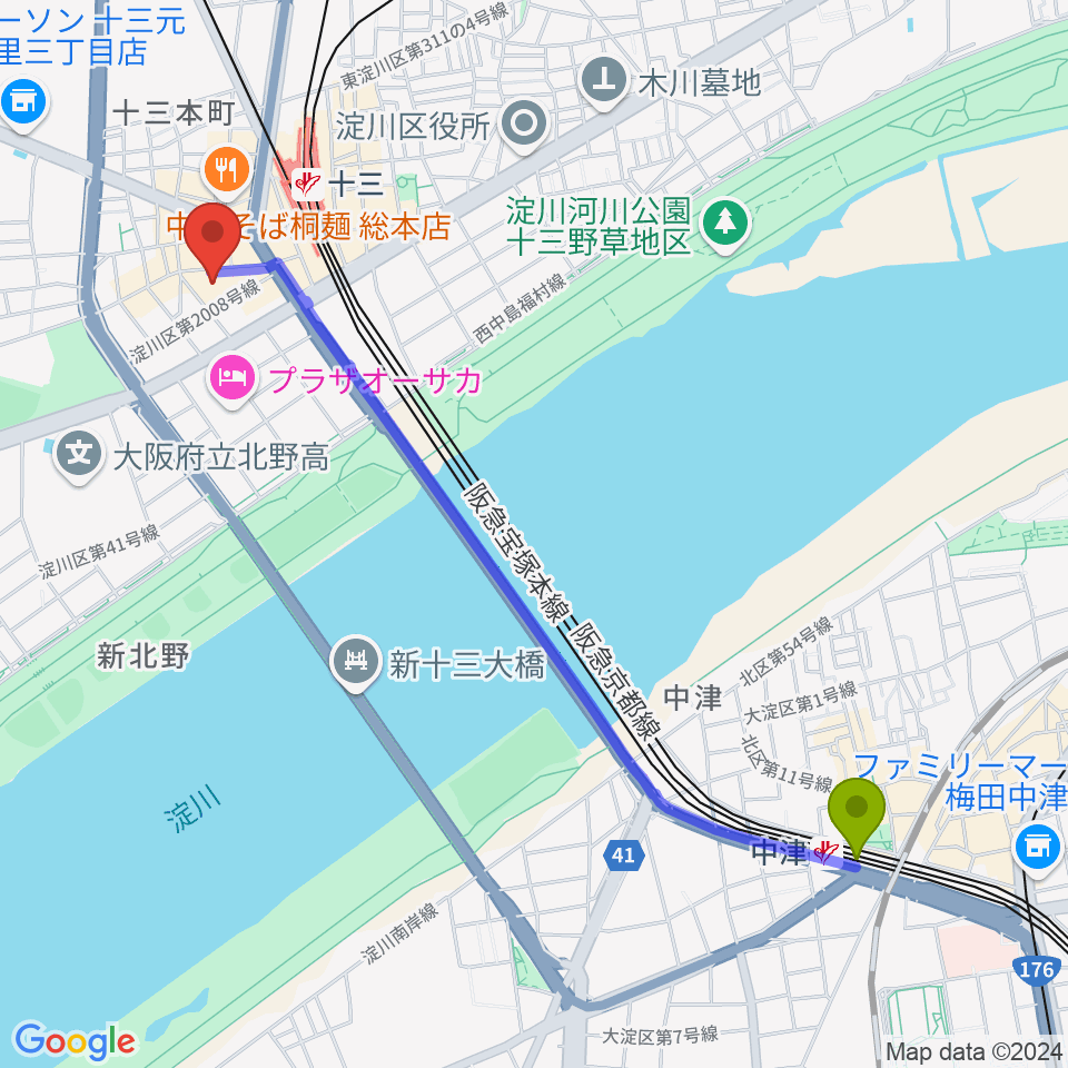 中津駅からシアターセブンへのルートマップ地図