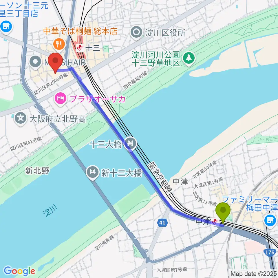 中津駅からシアターセブンへのルートマップ地図