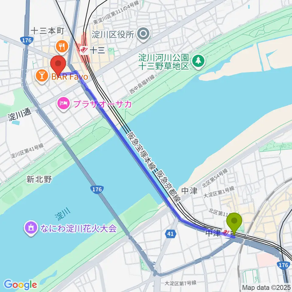 中津駅からシアターセブンへのルートマップ地図