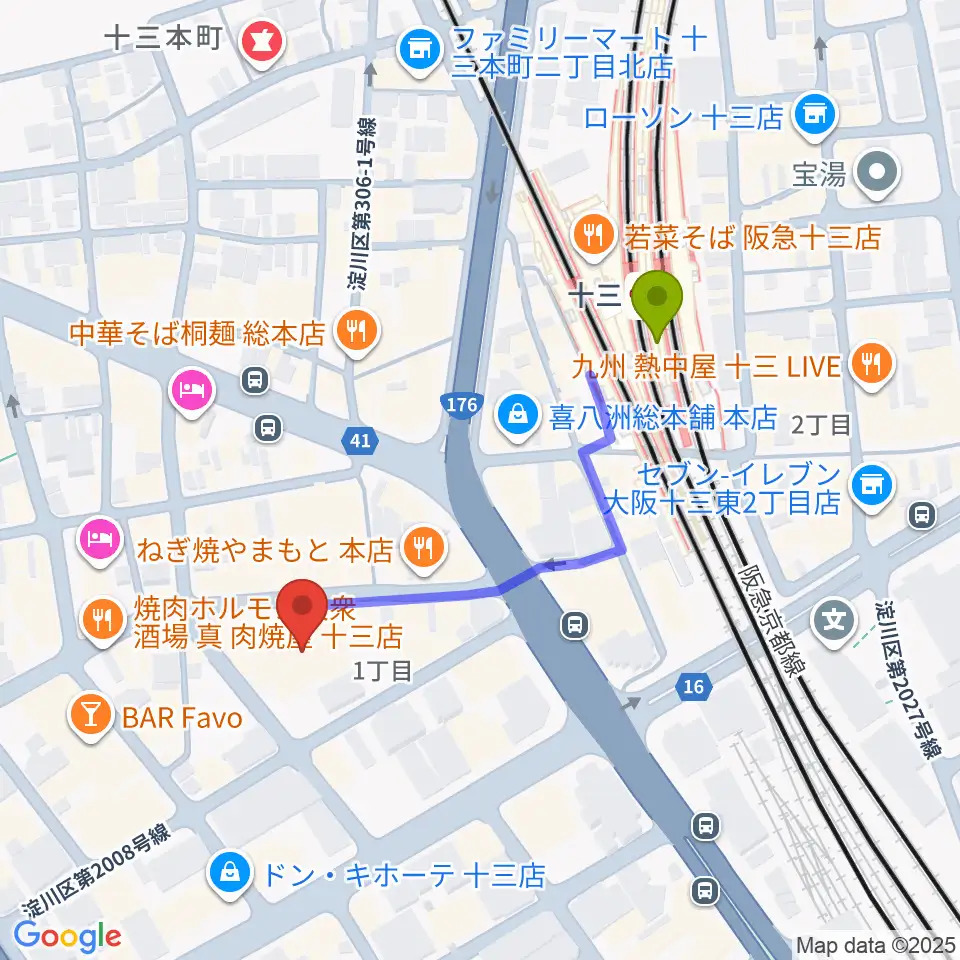 シアターセブンの最寄駅十三駅からの徒歩ルート（約4分）地図