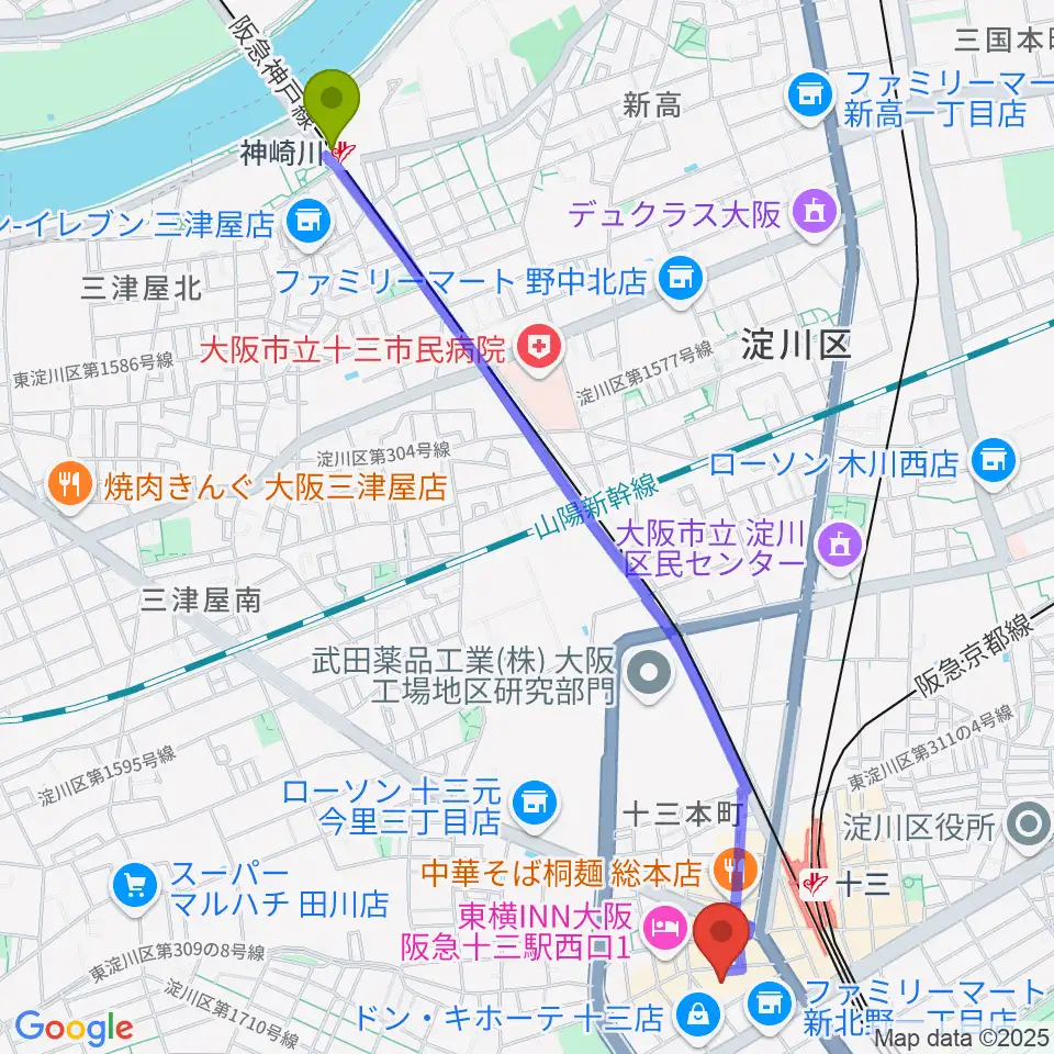 神崎川駅からシアターセブンへのルートマップ地図