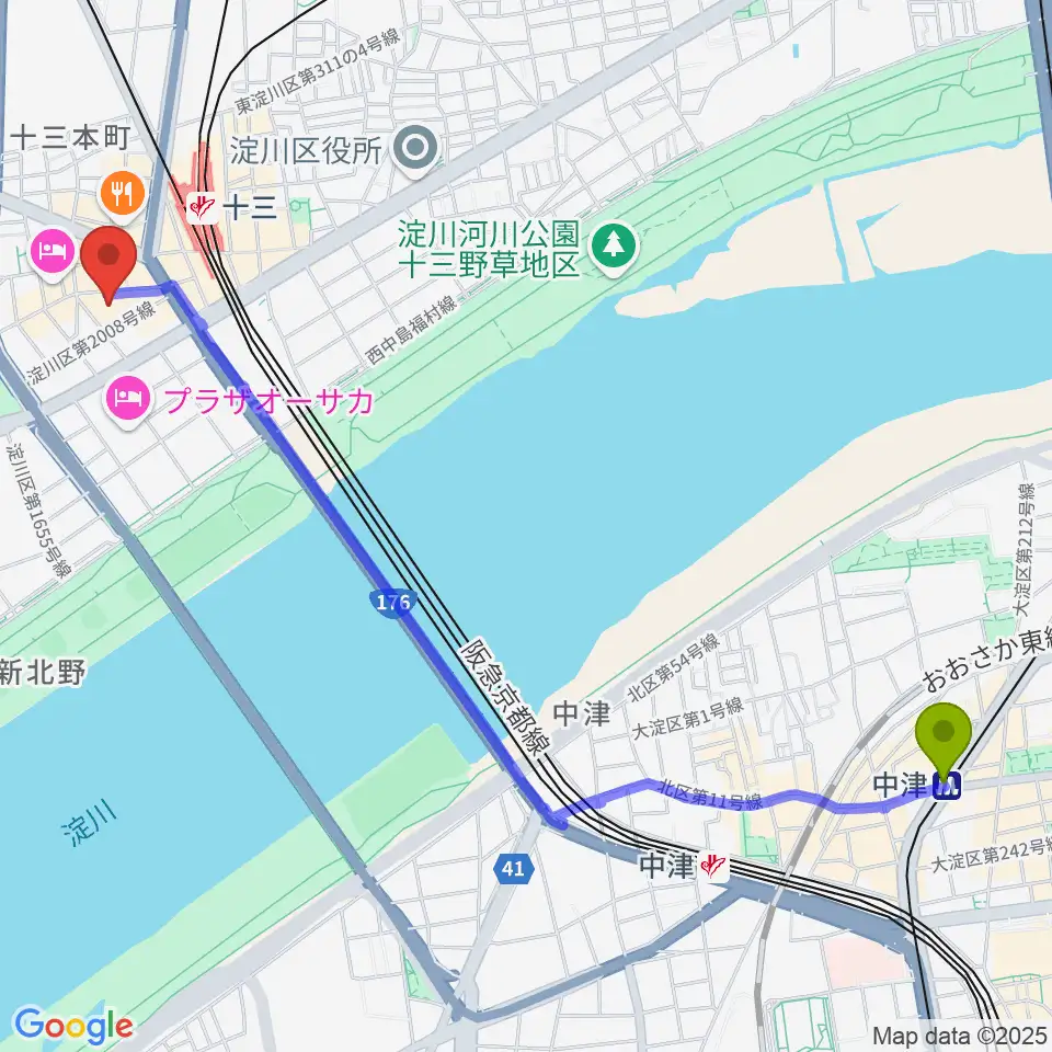 中津駅からシアターセブンへのルートマップ地図
