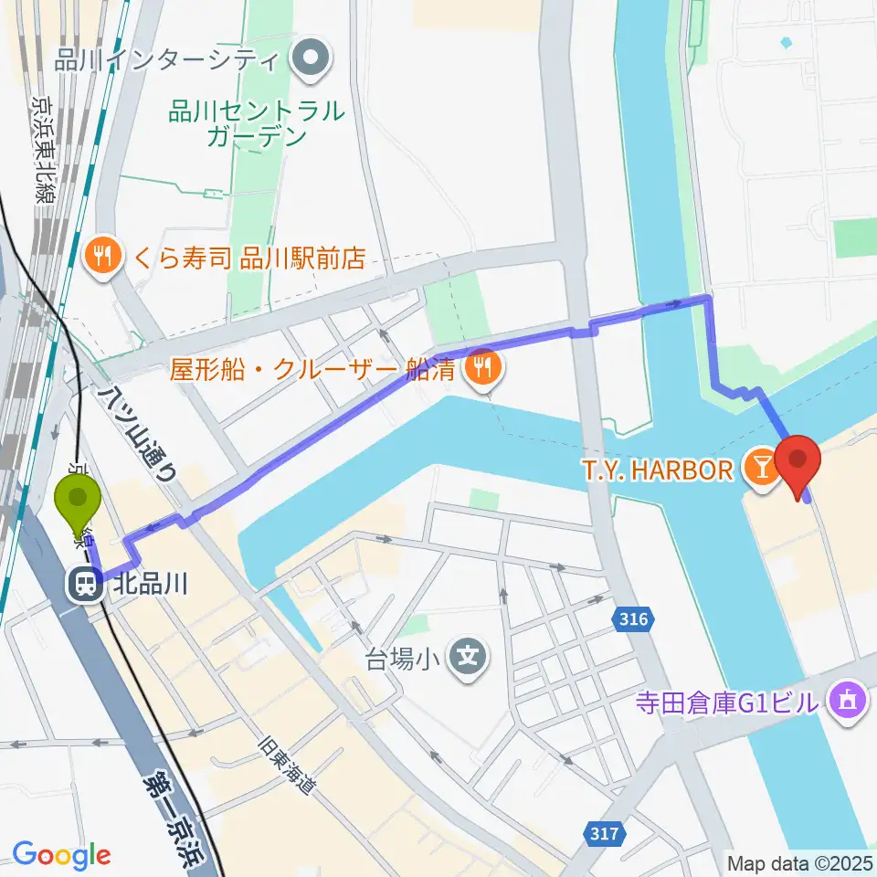 北品川駅から天王洲アイル KIWAへのルートマップ地図