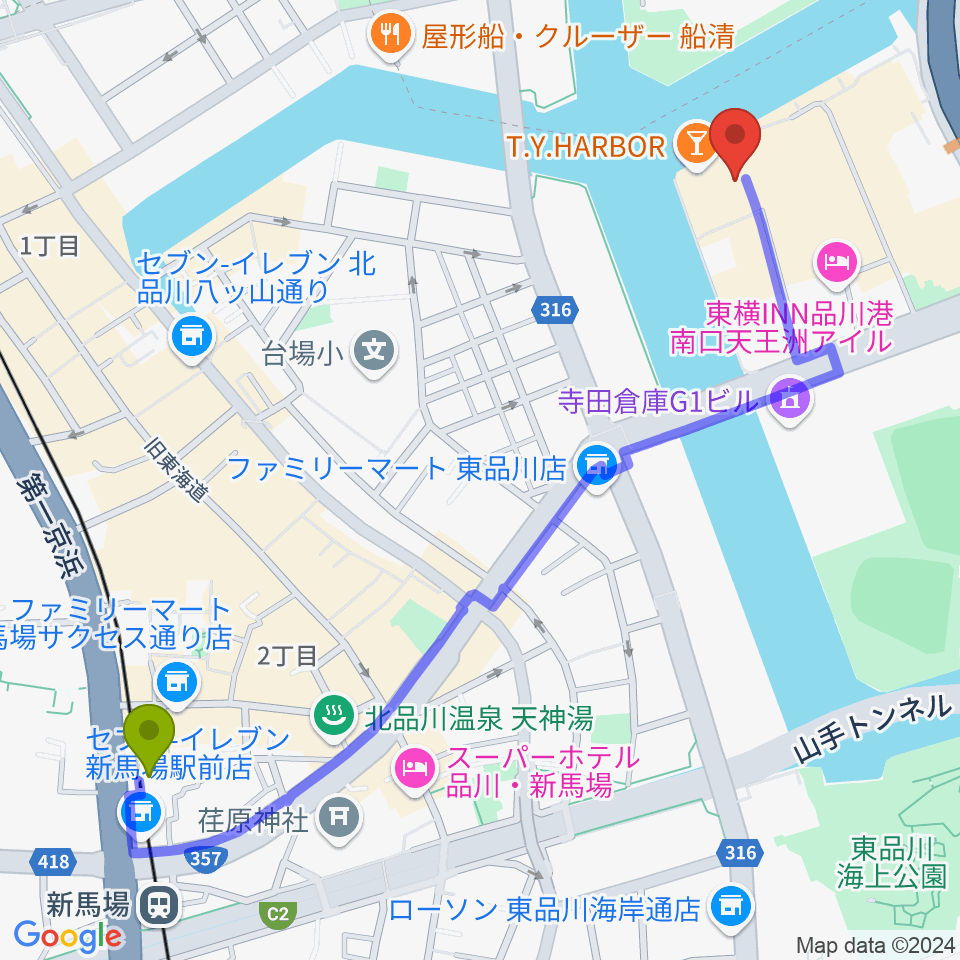 新馬場駅から天王洲アイル KIWAへのルートマップ地図