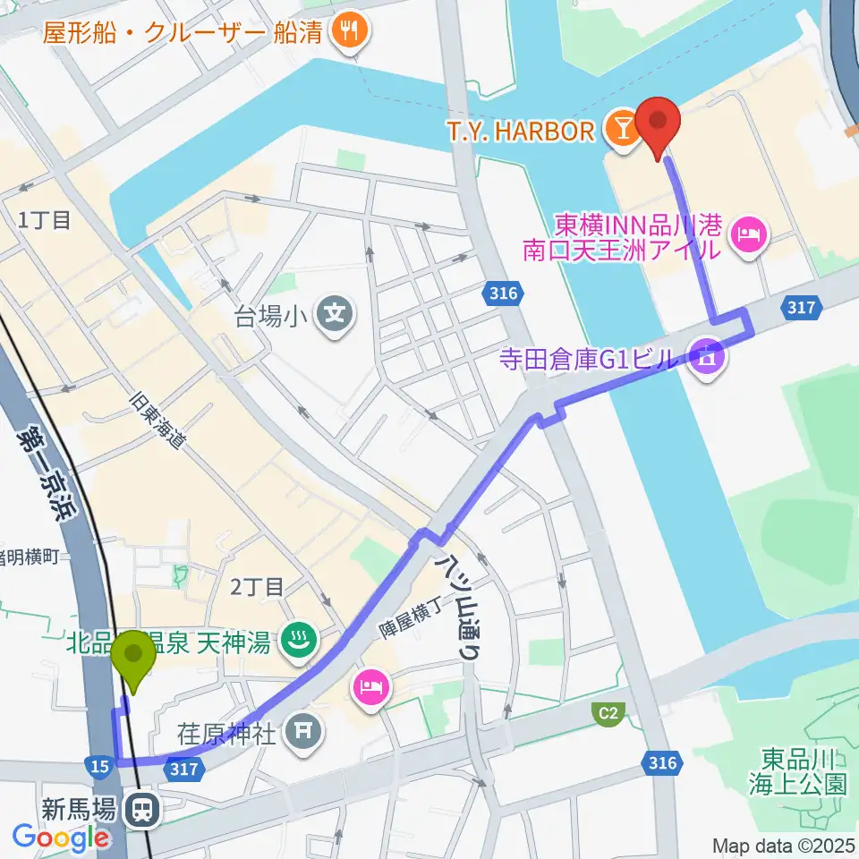 新馬場駅から天王洲アイル KIWAへのルートマップ地図