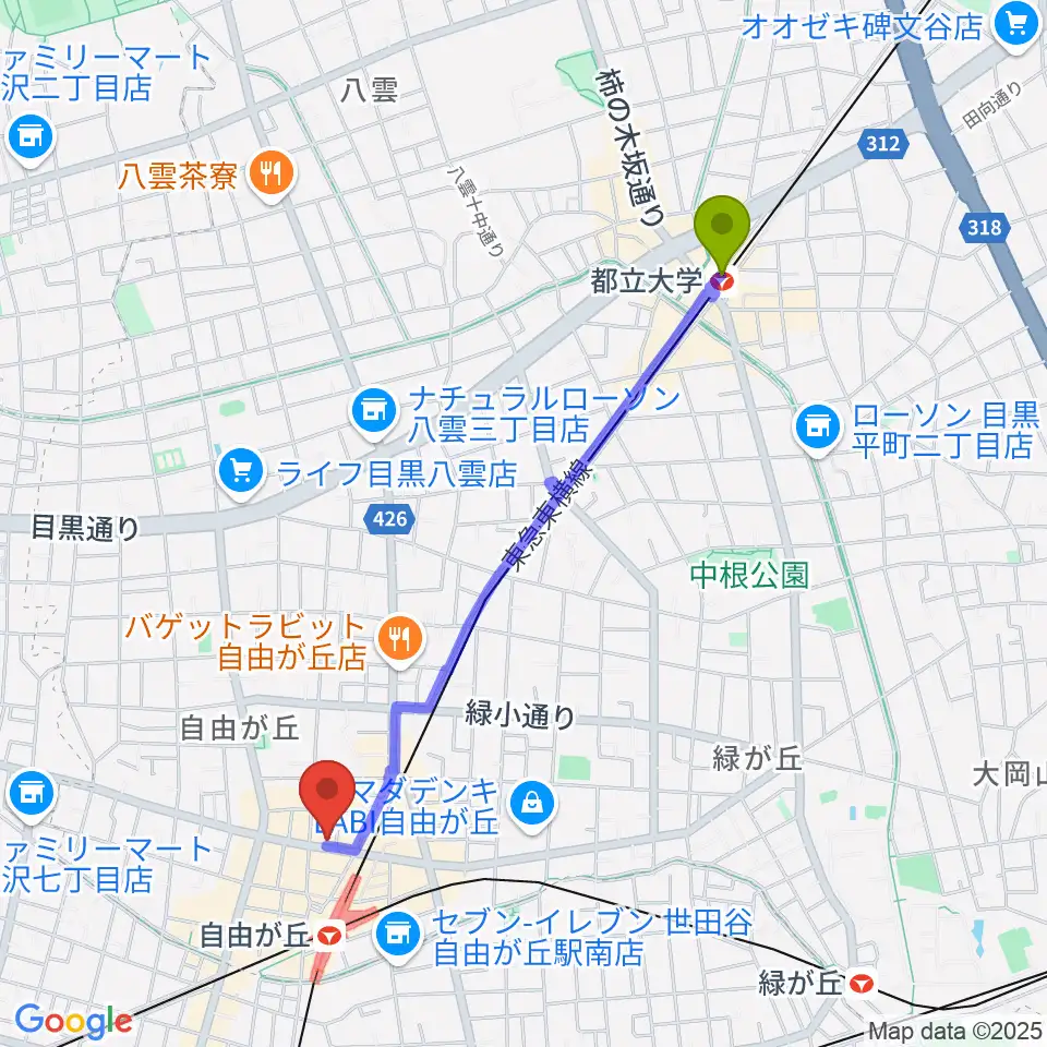 都立大学駅から自由が丘hyphenへのルートマップ地図