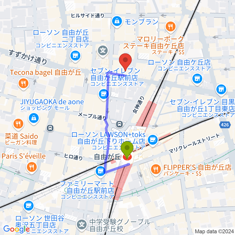 自由が丘hyphenの最寄駅自由が丘駅からの徒歩ルート（約3分）地図