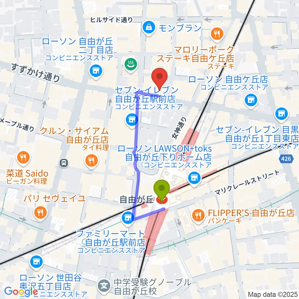 自由が丘hyphenの最寄駅自由が丘駅からの徒歩ルート（約3分）地図