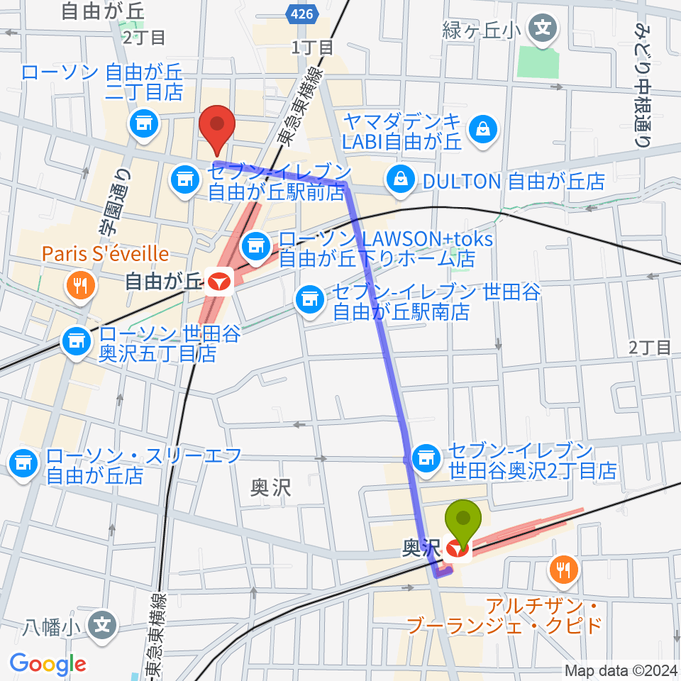 奥沢駅から自由が丘hyphenへのルートマップ地図