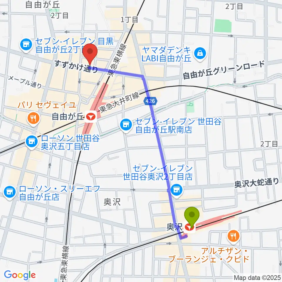 奥沢駅から自由が丘hyphenへのルートマップ地図