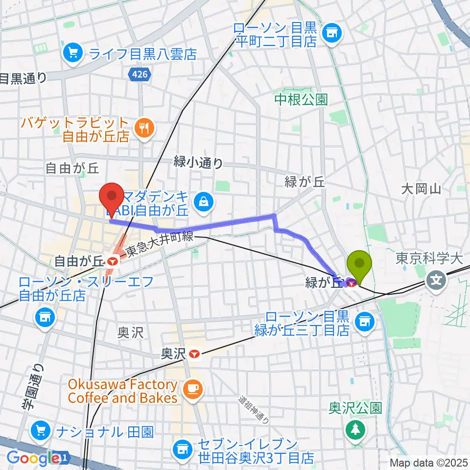 緑が丘駅から自由が丘hyphenへのルートマップ地図