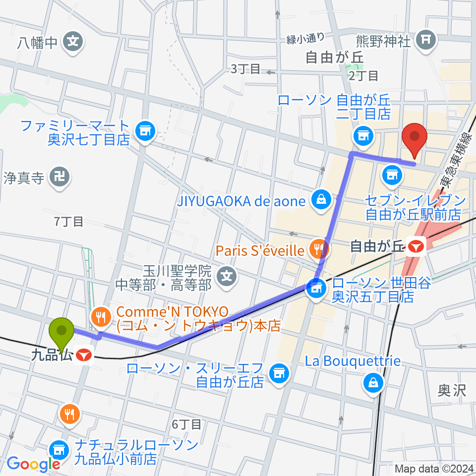 九品仏駅から自由が丘hyphenへのルートマップ地図