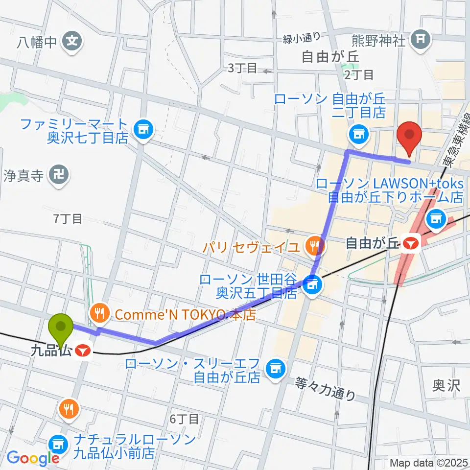 九品仏駅から自由が丘hyphenへのルートマップ地図