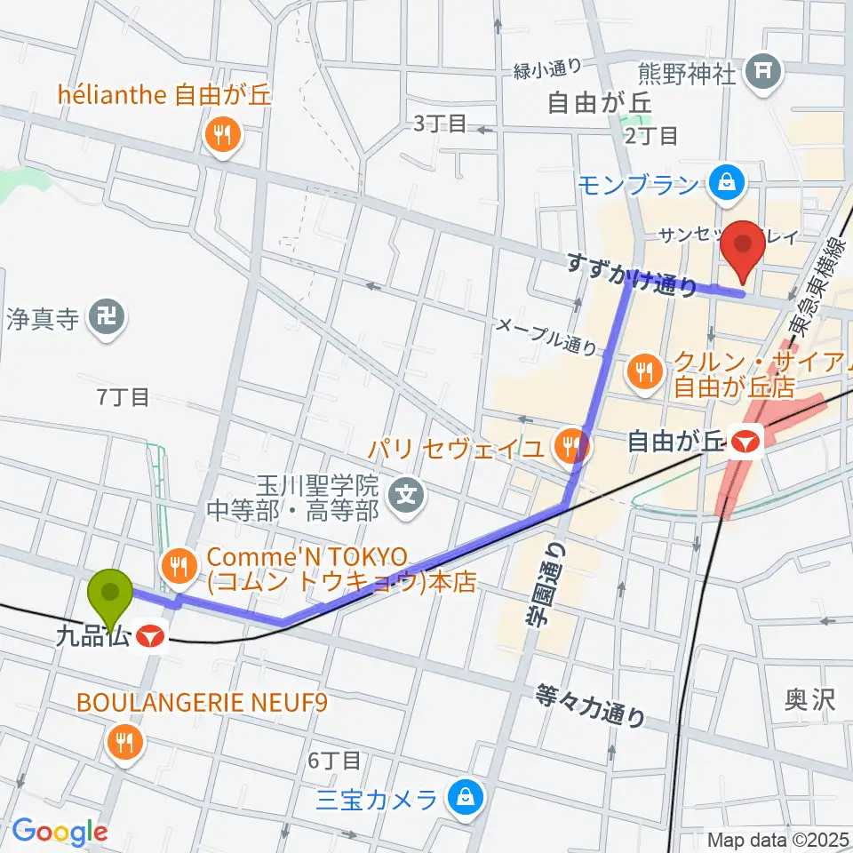 九品仏駅から自由が丘hyphenへのルートマップ地図