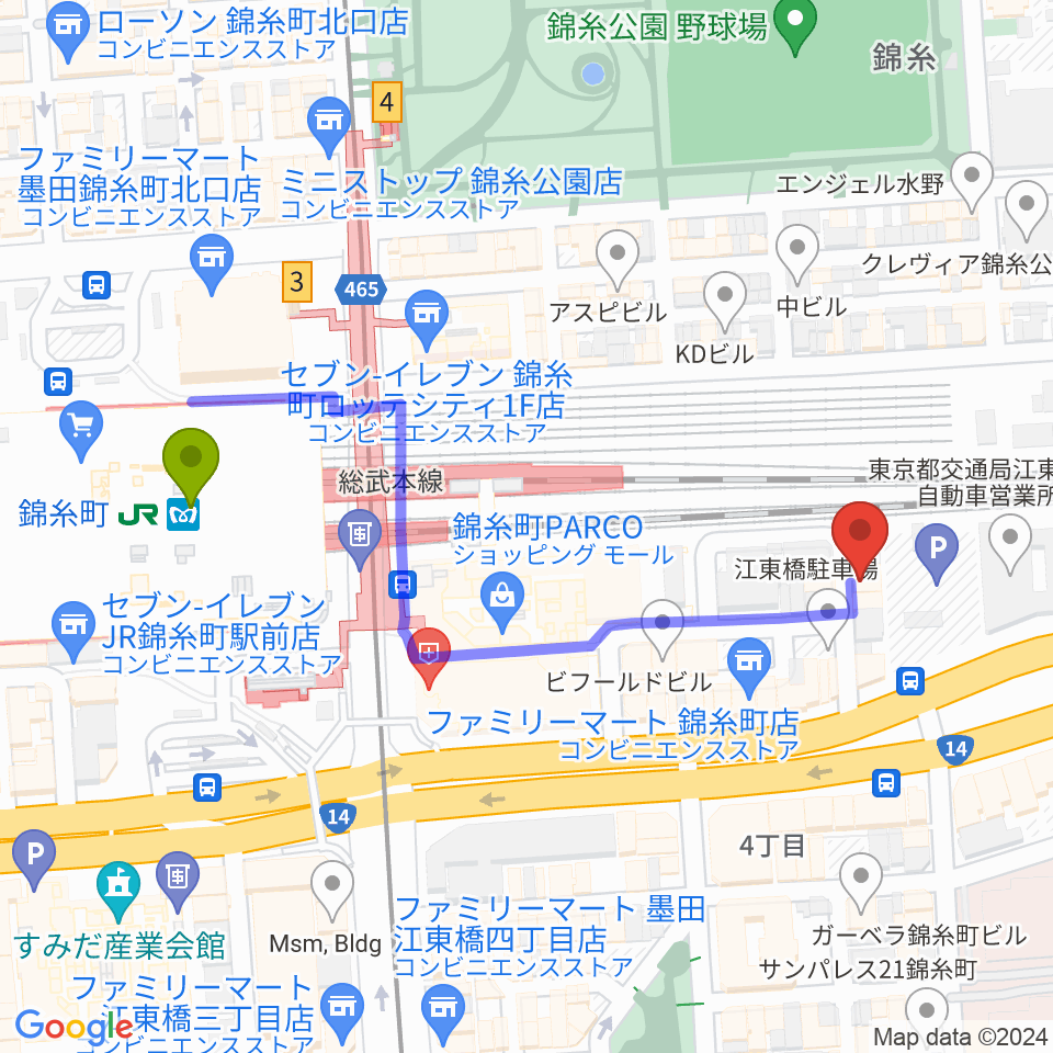 錦糸町rebirthの最寄駅錦糸町駅からの徒歩ルート（約5分）地図