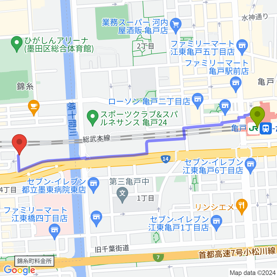 亀戸駅から錦糸町rebirthへのルートマップ地図