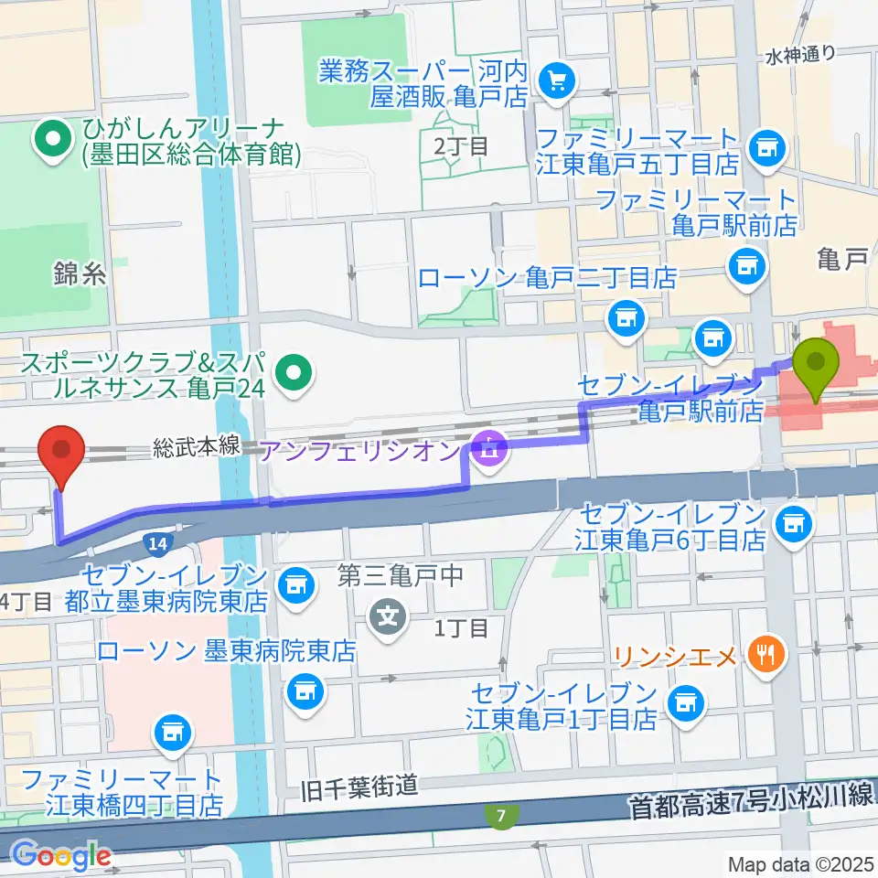 亀戸駅から錦糸町rebirthへのルートマップ地図