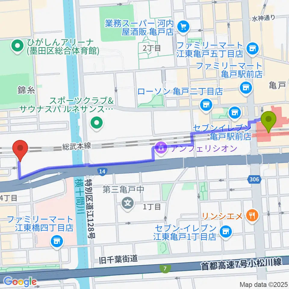 亀戸駅から錦糸町rebirthへのルートマップ地図