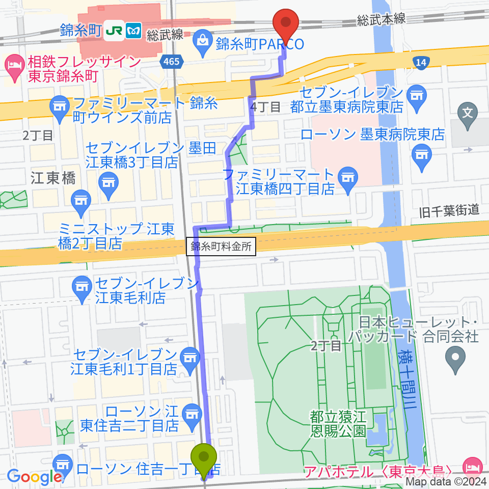 住吉駅から錦糸町rebirthへのルートマップ地図