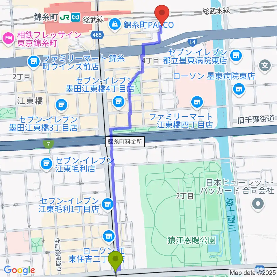 住吉駅から錦糸町rebirthへのルートマップ地図