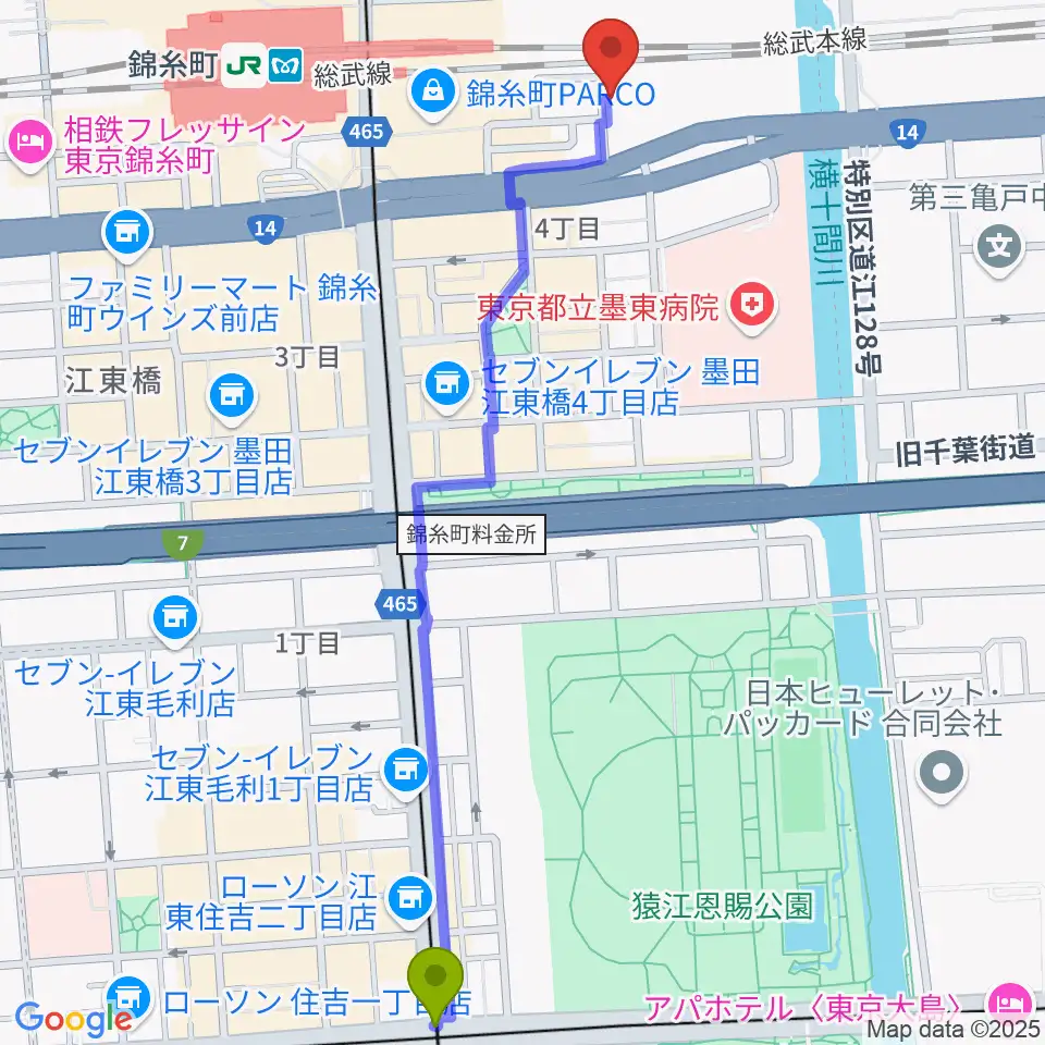 住吉駅から錦糸町rebirthへのルートマップ地図