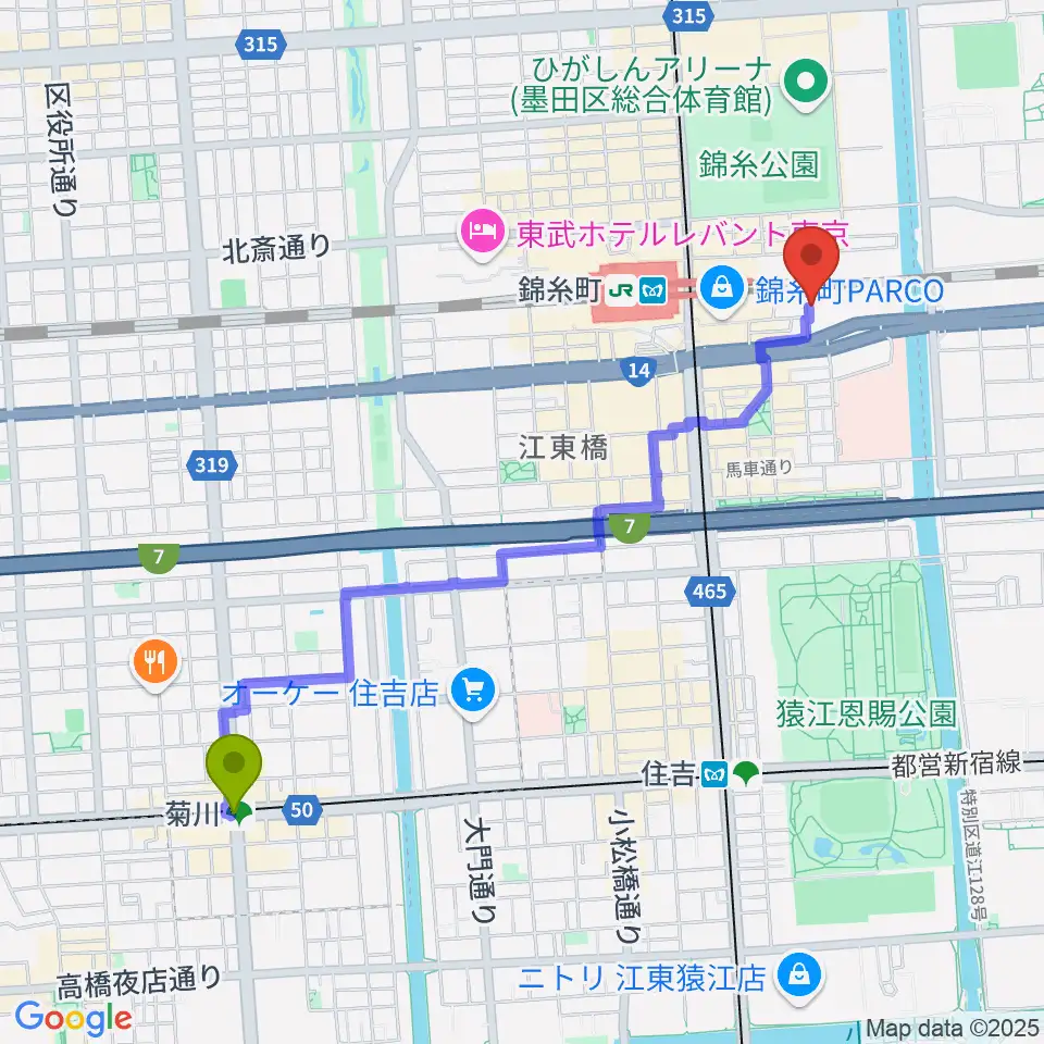 菊川駅から錦糸町rebirthへのルートマップ地図