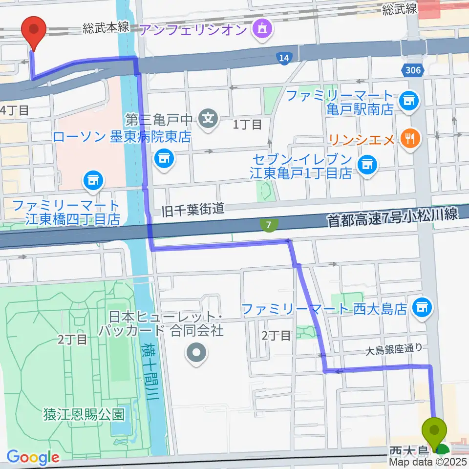 西大島駅から錦糸町rebirthへのルートマップ地図
