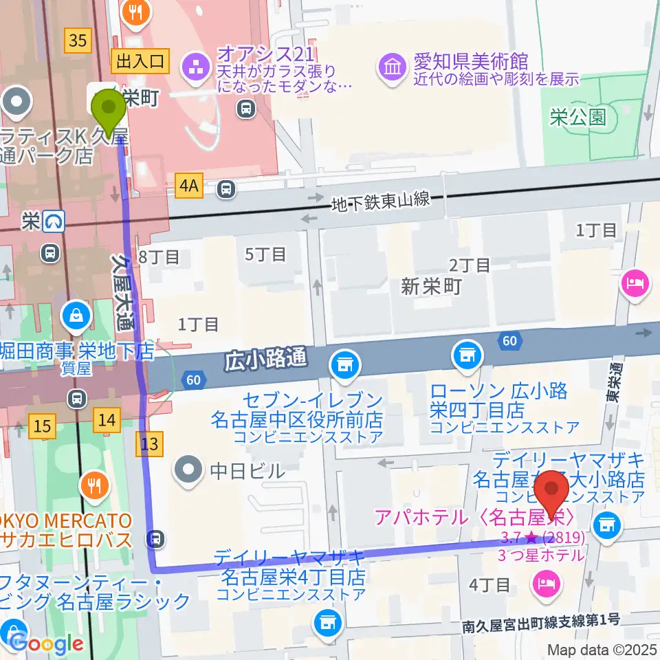 栄Party'zの最寄駅栄町駅からの徒歩ルート（約7分）地図