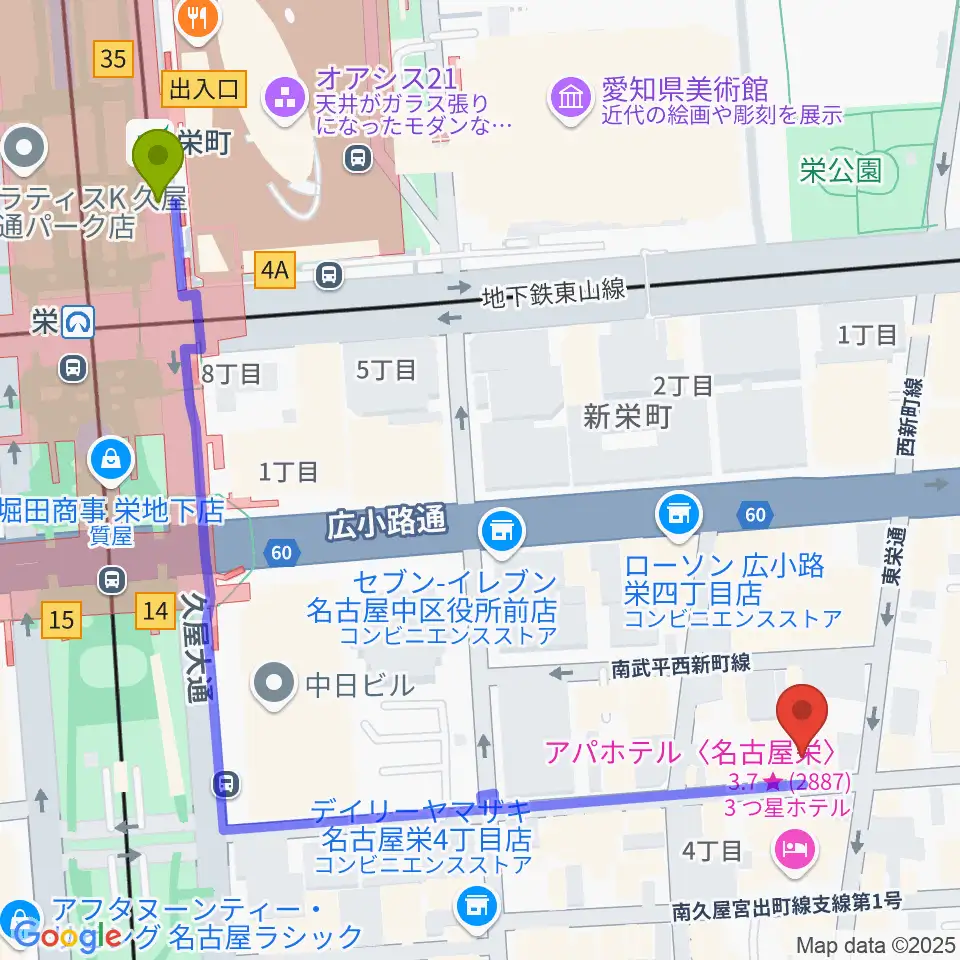 栄Party'zの最寄駅栄町駅からの徒歩ルート（約7分）地図