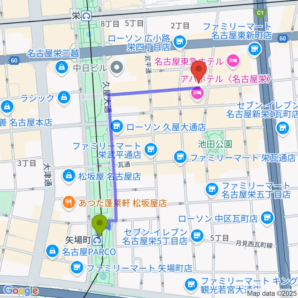 矢場町駅から栄Party'zへのルートマップ地図