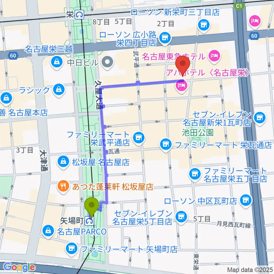 矢場町駅から栄Party'zへのルートマップ地図