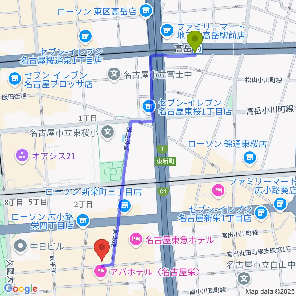 高岳駅から栄Party'zへのルートマップ地図