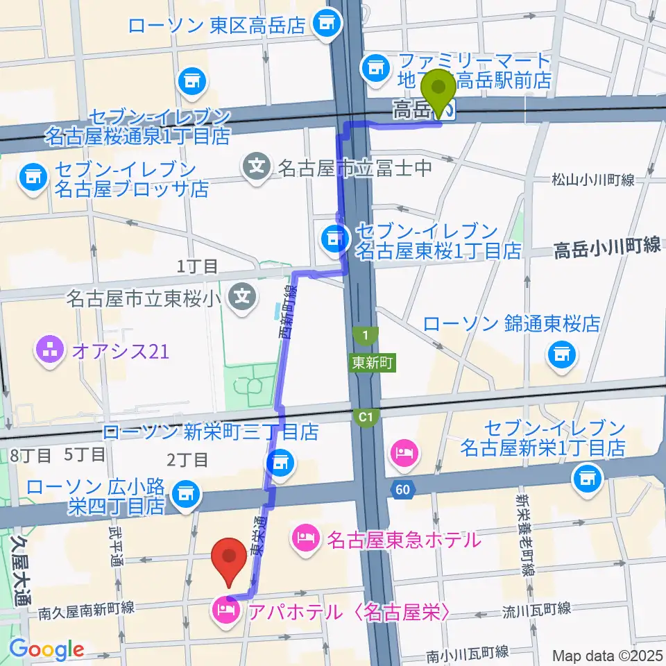高岳駅から栄Party'zへのルートマップ地図